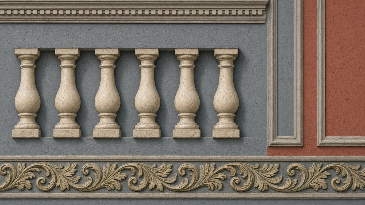 Trompe l'oeil balustrade in sand, slate and terracotta